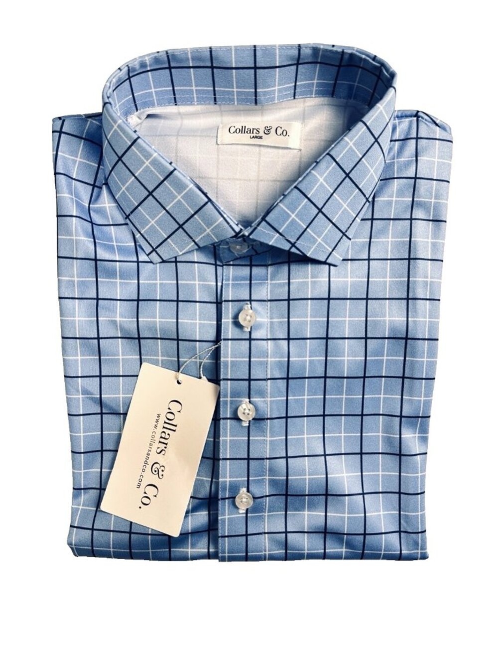 Collars & Co. Semi-Spread Collar Polo Shirt Blue Windowpane Sz Large Golf NWT - Picture 9 of 14